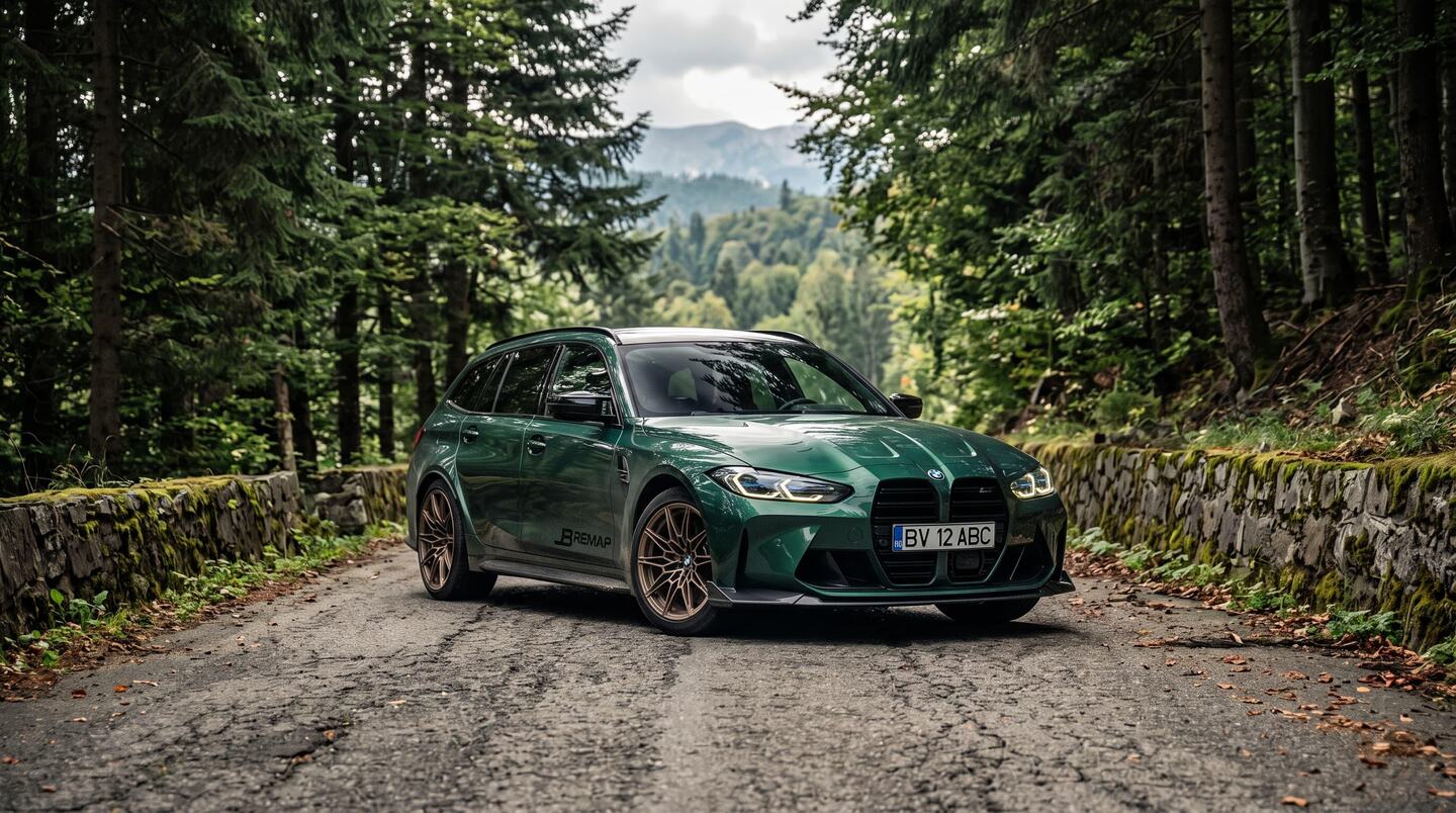 Green BMW M3 Touring tuned by JB Remap on a forest road